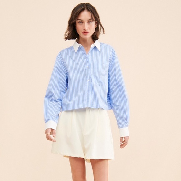 Rue Sophie Tops - Rue Sophie Blue and White Striped Button-Up Shirt